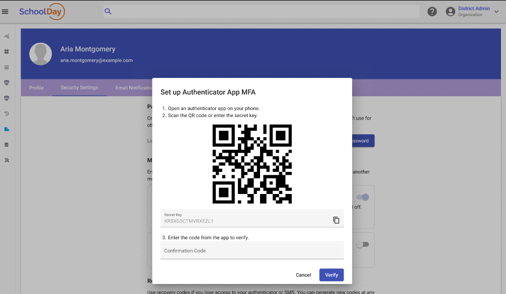 Copy Recovery Code Set up MFA for your Admin account
