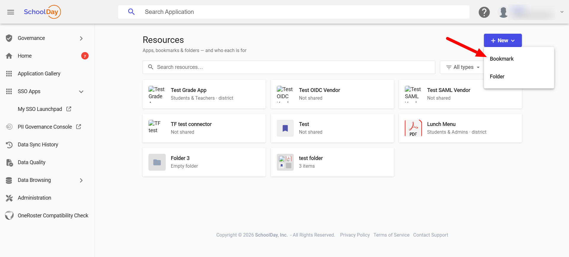Resources page with the New menu open; a red arrow points to the Bookmark option.